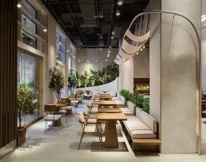 Zenart Mimarlık tarafından tasarlanan modern kafe iç mimarlık render çalışması